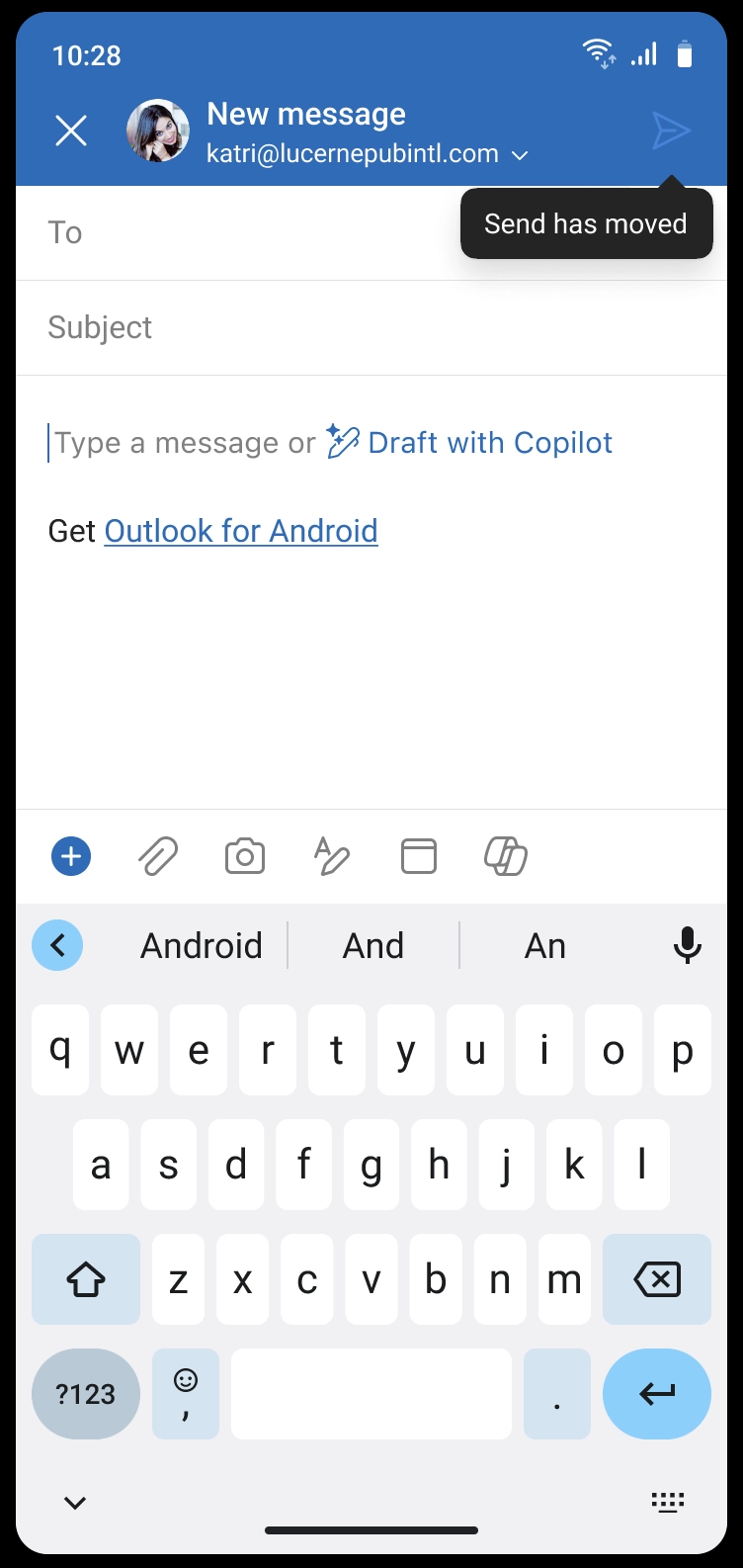 New Send button placement in Outlook for Android – full compose view