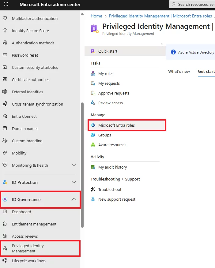 The Microsoft Entra admin center showing navigation to Privileged Identity Management under ID Governance, with Microsoft Entra roles selected.