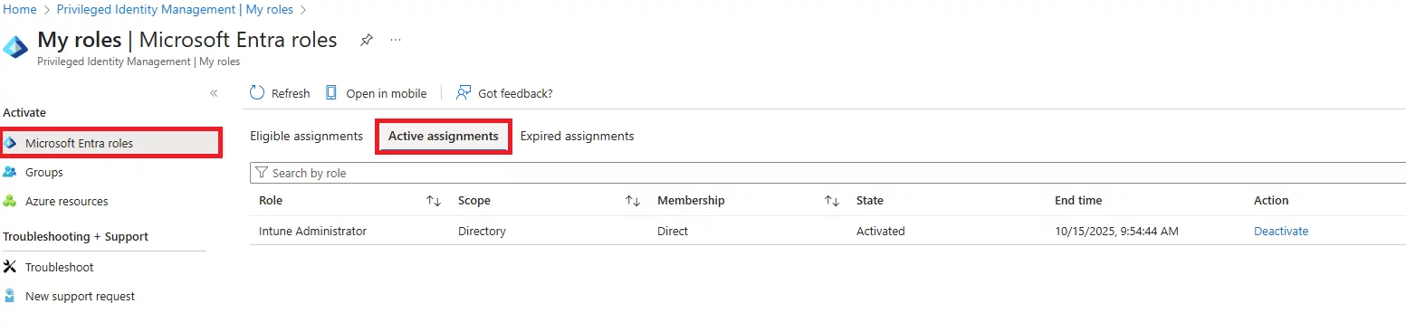 My roles page showing Active assignments with the Intune Administrator role currently activated.