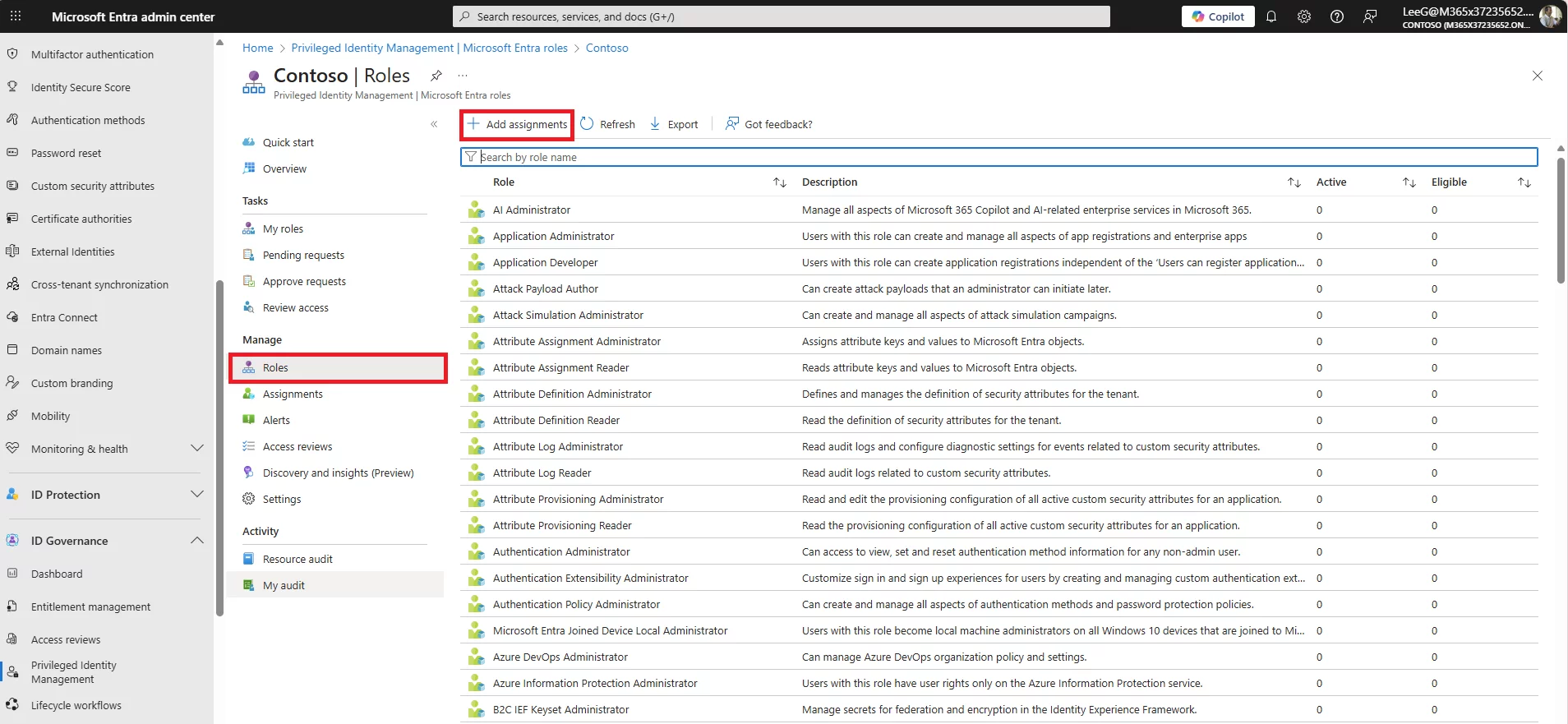 Privileged Identity Management Roles page displaying available Entra roles with the Add assignments button highlighted.