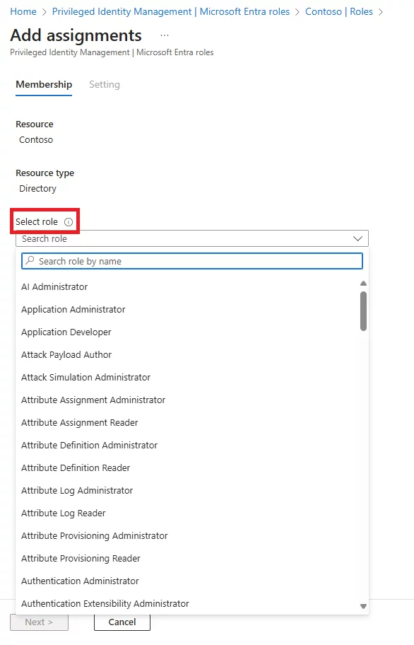 Add assignments page showing the Select role dropdown menu with a list of available Microsoft Entra roles.