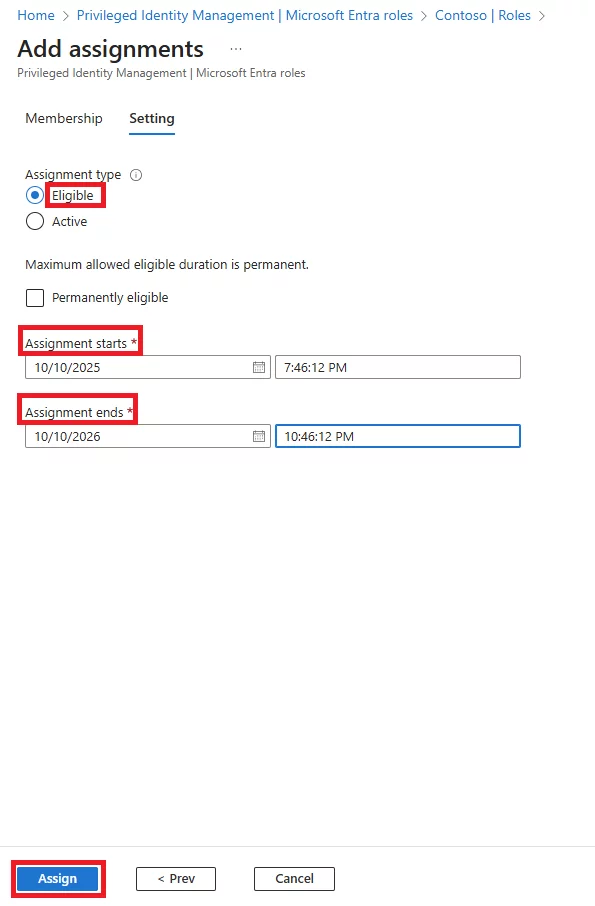 Add assignments settings page showing Eligible assignment type selected with start and end dates configured.