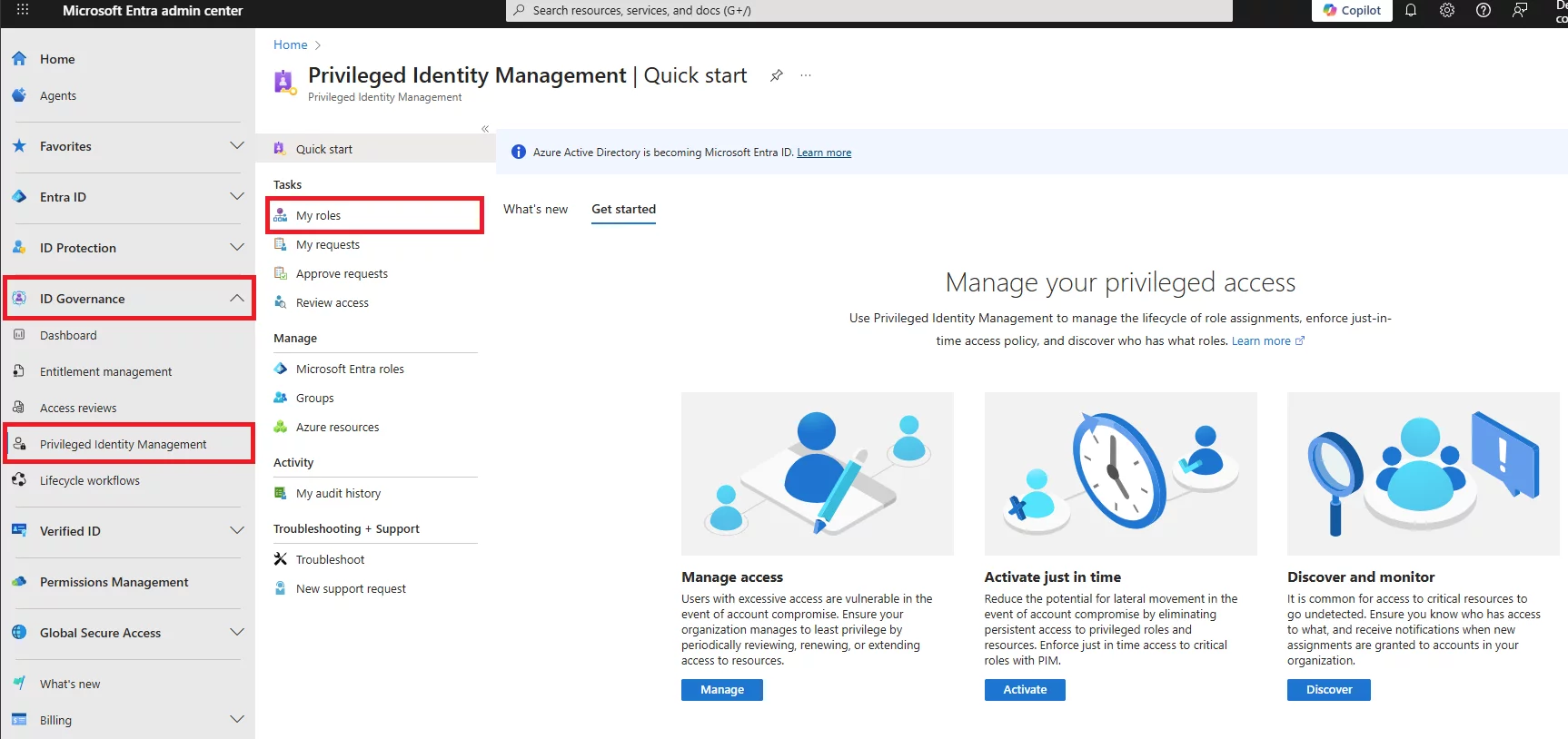 Privileged Identity Management quick start page showing navigation to “My roles” under ID Governance.