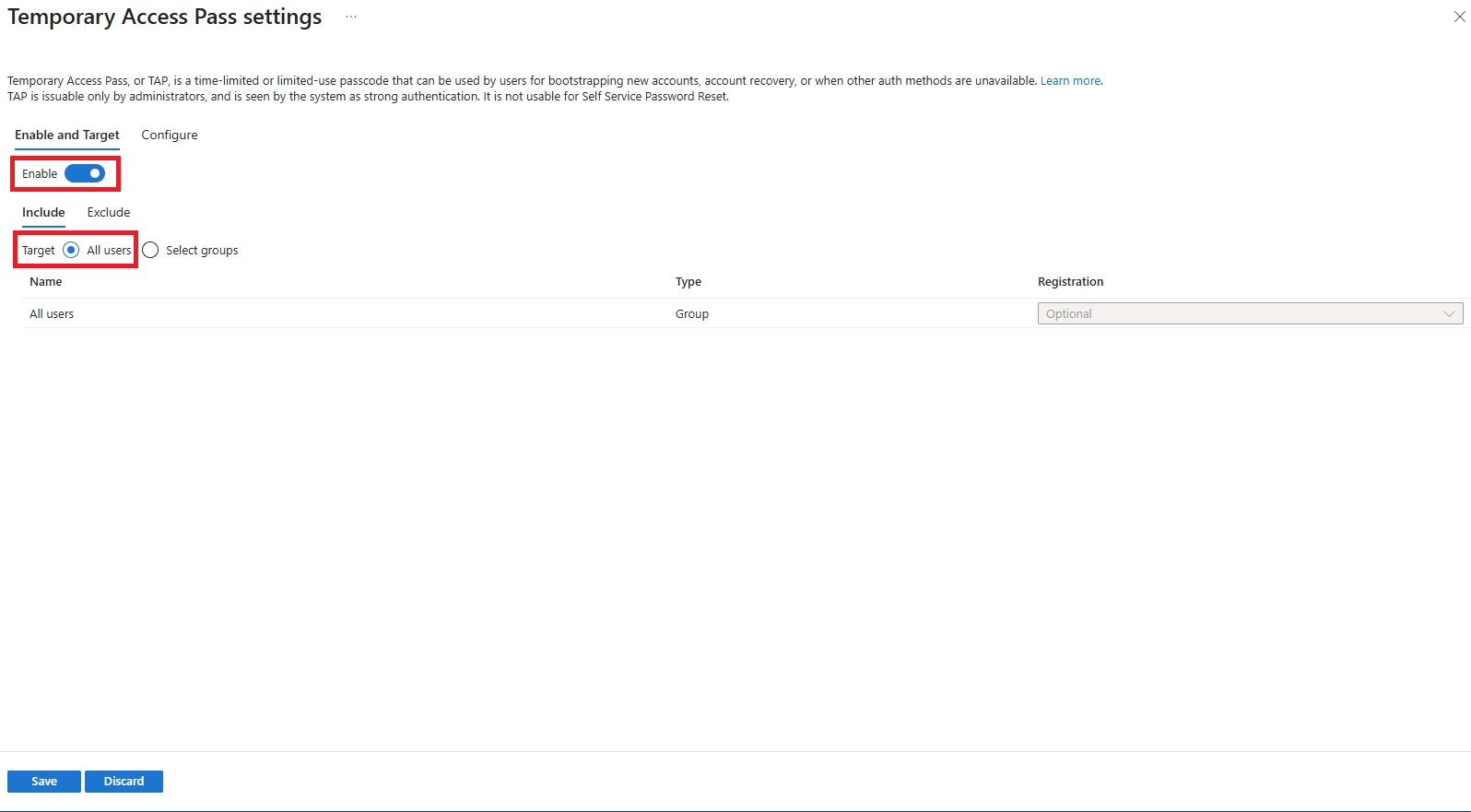 TAP method enabled and targeted to all users