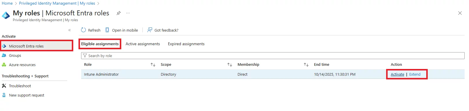 My roles page displaying eligible role assignments with options to activate or extend.