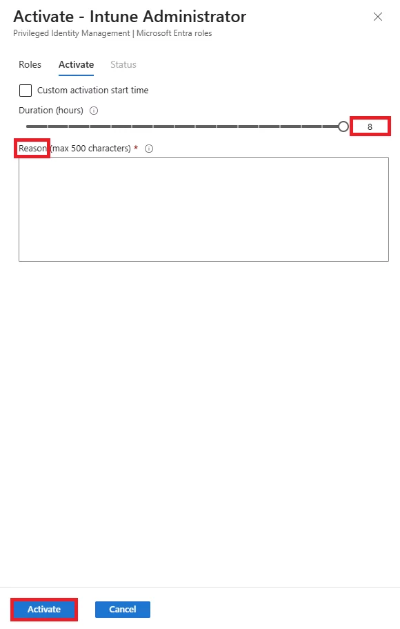 Activate role page for Intune Administrator showing duration, reason field, and the Activate button highlighted.