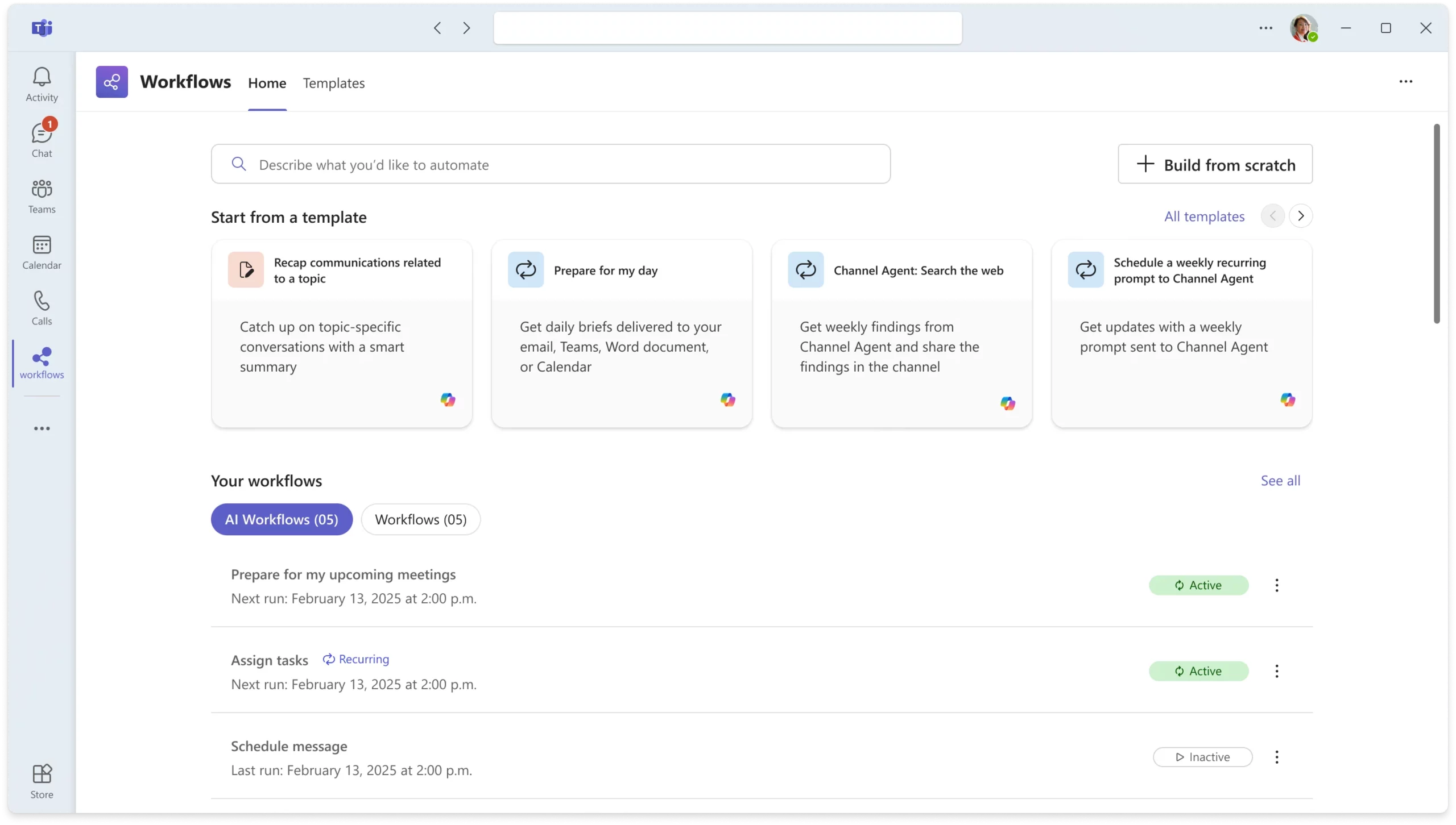 Screenshot 2 - Examples AI workflow templates on the homepage of the new Workflows app in Teams