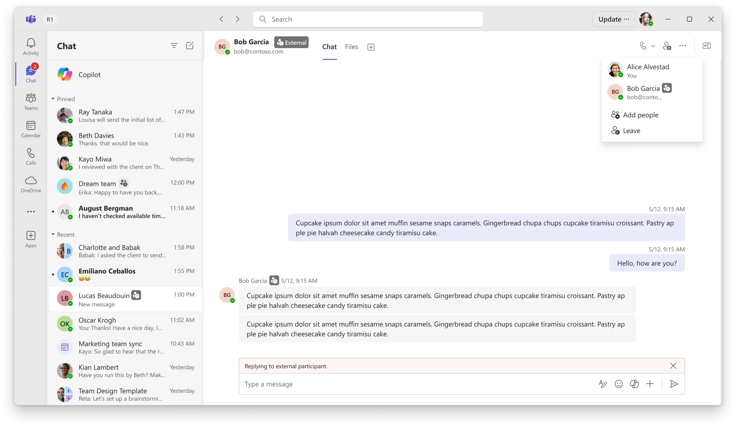 Users will see badges or icons next to names of external participants in Teams