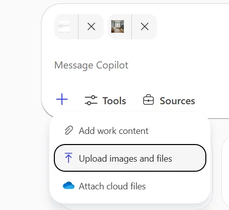 Screenshot 2: In Copilot Chat, Select the + (plus) sign and choose Upload images and files