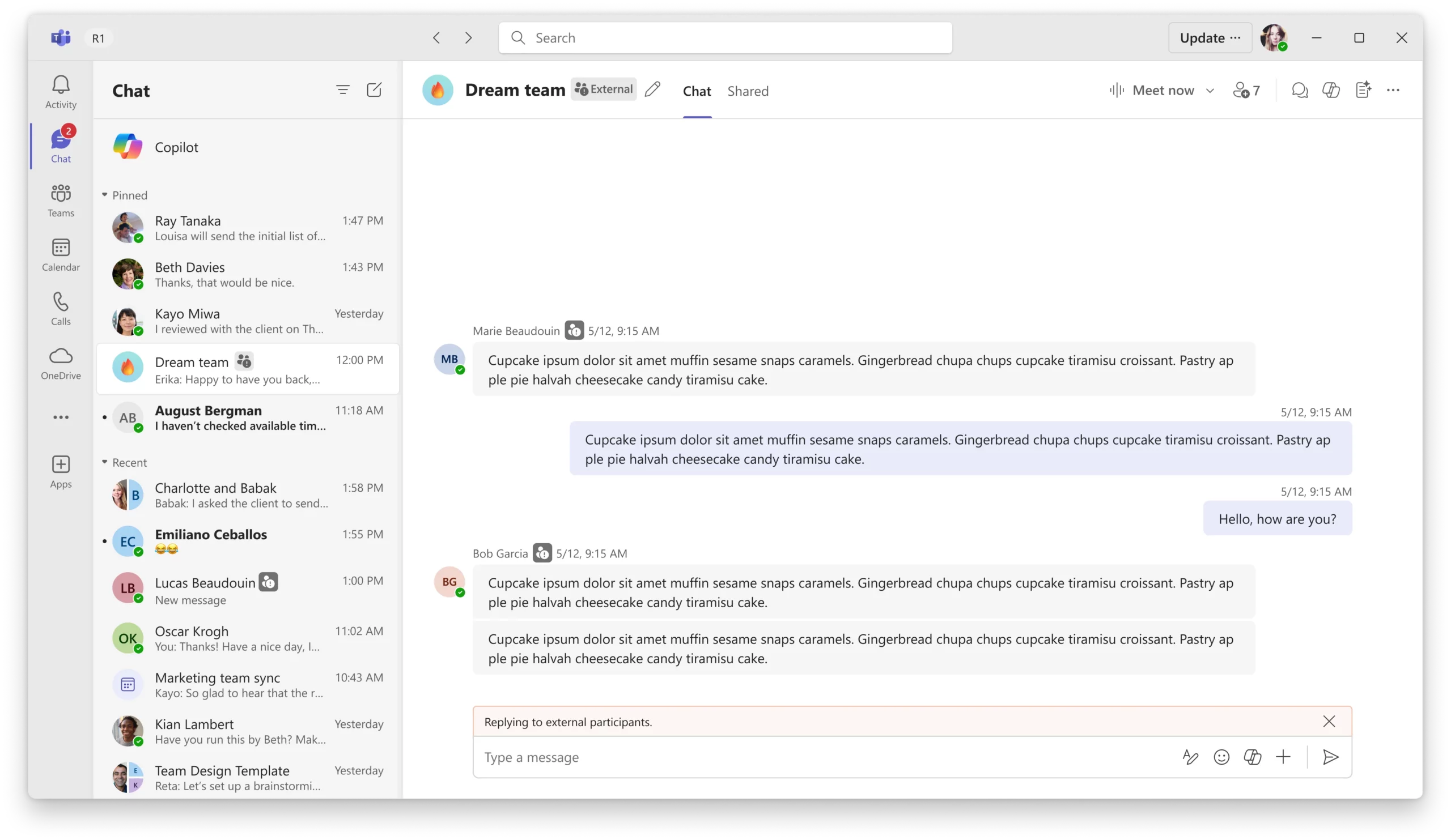Users will see badges or icons next to names of external participants in Teams