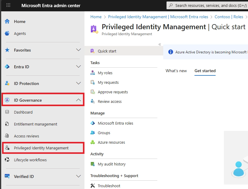 Microsoft Entra admin center displaying the Privileged Identity Management section under Identity Governance.