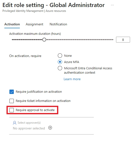 Eligible role assignments in Microsoft Entra PIM, showing options to activate or extend roles like Global Administrator.