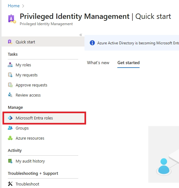 Privileged Identity Management quick start page showing “Microsoft Entra roles” selected under the Manage section.