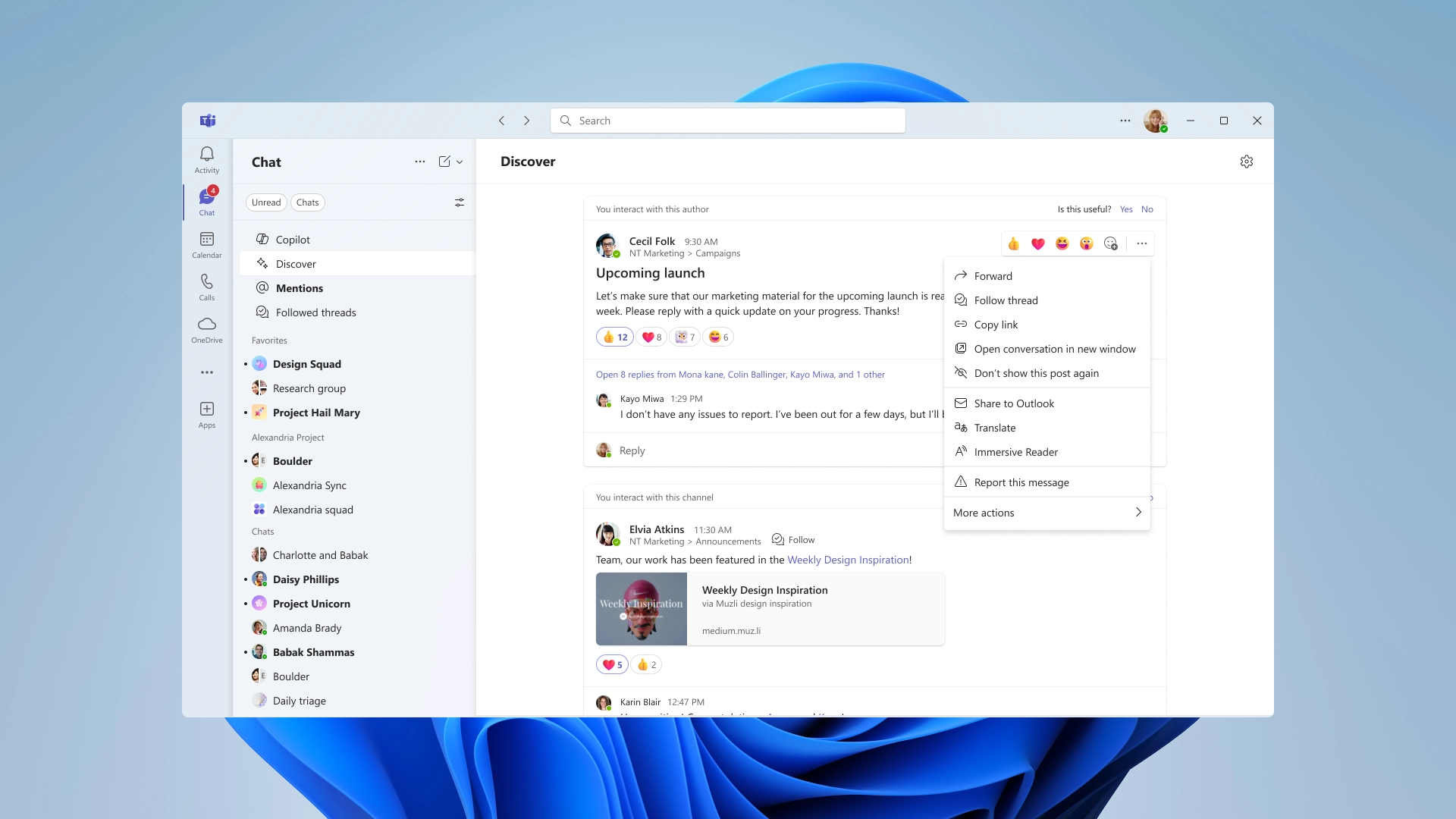Follow Threads from Discover feed in Microsoft Teams