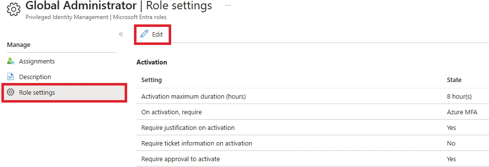 Global Administrator role settings page with the “Edit” option highlighted.