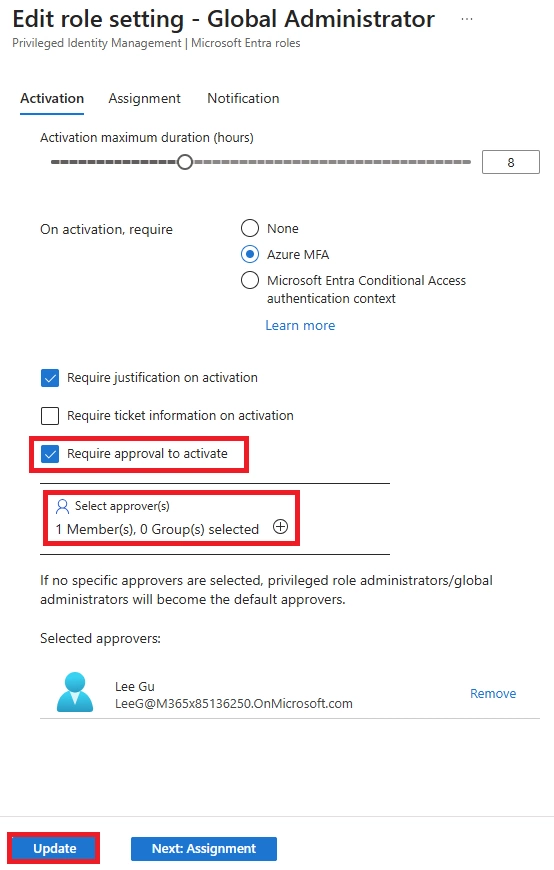 Edit role setting page for Global Administrator showing approval requirement configuration and the “Update” button highlighted.