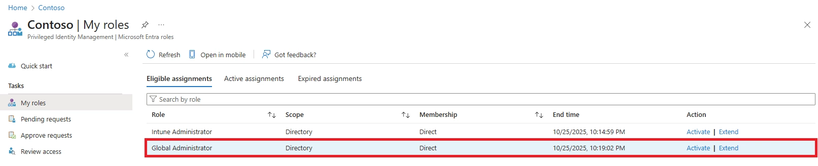 Eligible role assignments in Microsoft Entra PIM, showing options to activate or extend roles like Global Administrator.