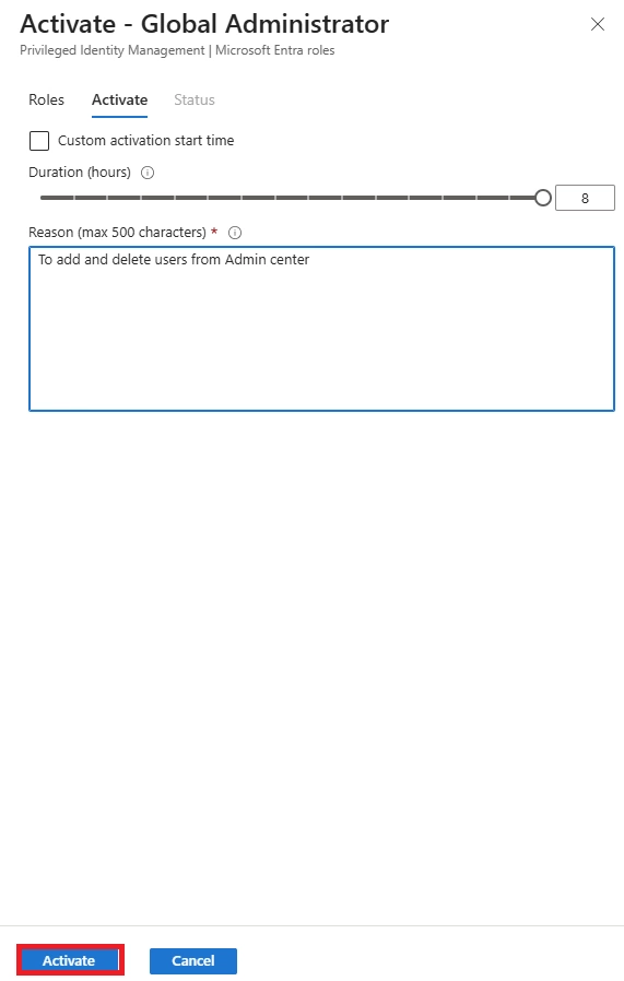 Activation screen for the Global Administrator role in Microsoft Entra, showing duration and reason input before confirming activation.