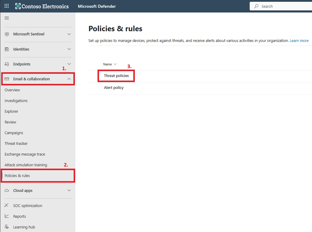 Microsoft Defender portal showing Email & collaboration > Policies & rules > Threat policies.