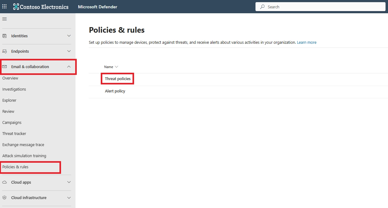 Microsoft Defender portal with Email & Collaboration → Policies & Rules → Threat policies option highlighted