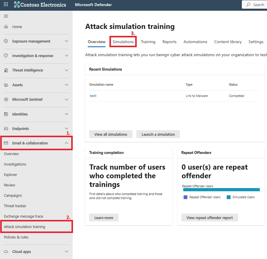 Microsoft Defender portal showing the “Simulations” tab highlighted.