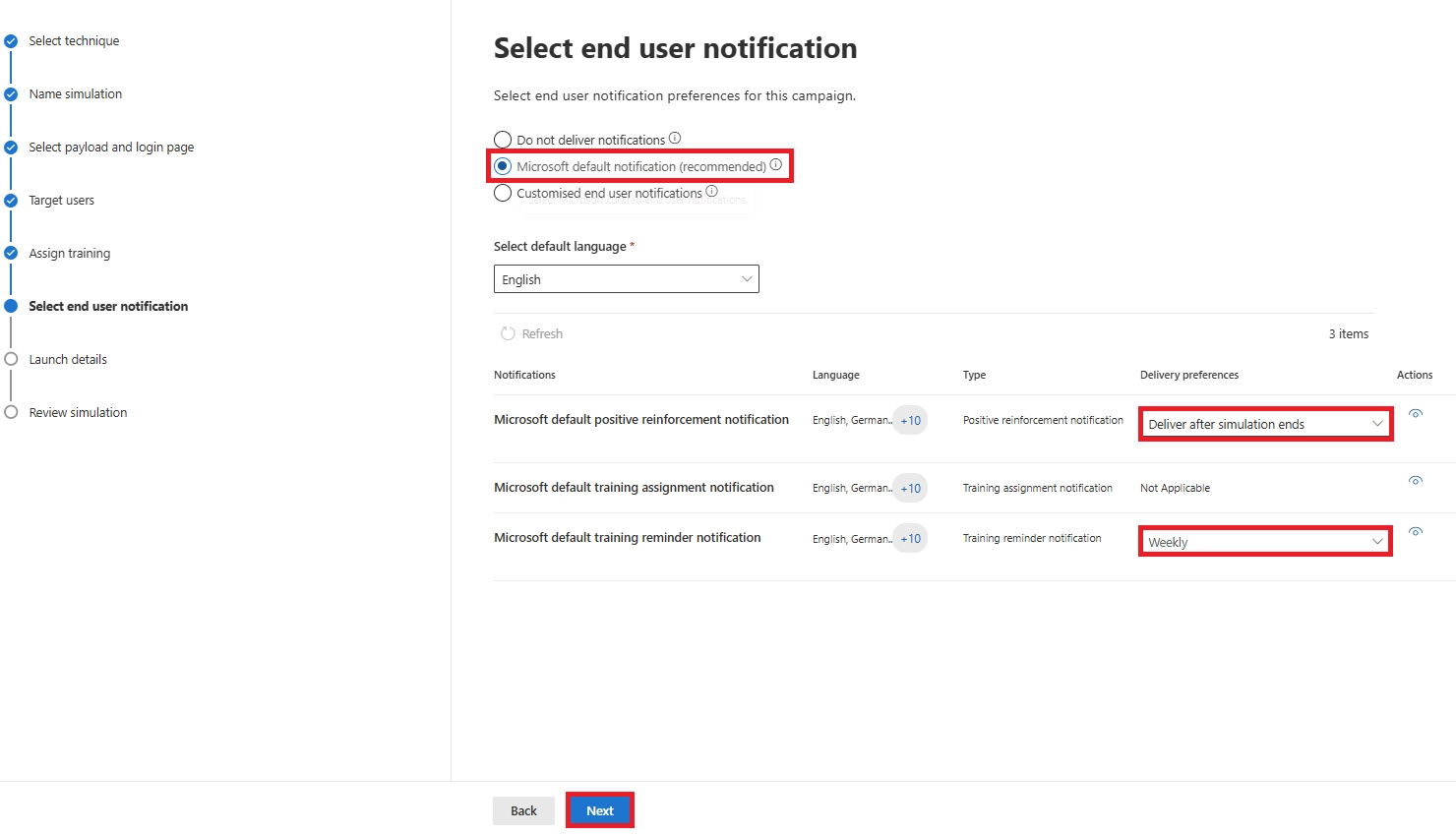 Select end user notification page with options for Microsoft default notifications and delivery preferences highlighted.