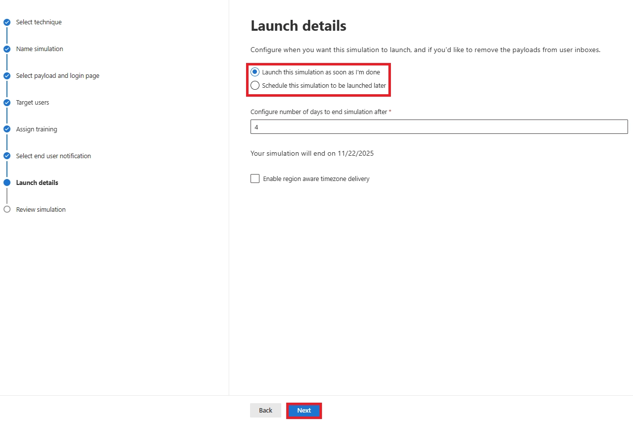 Launch details page with options to start the simulation immediately or schedule it later.
