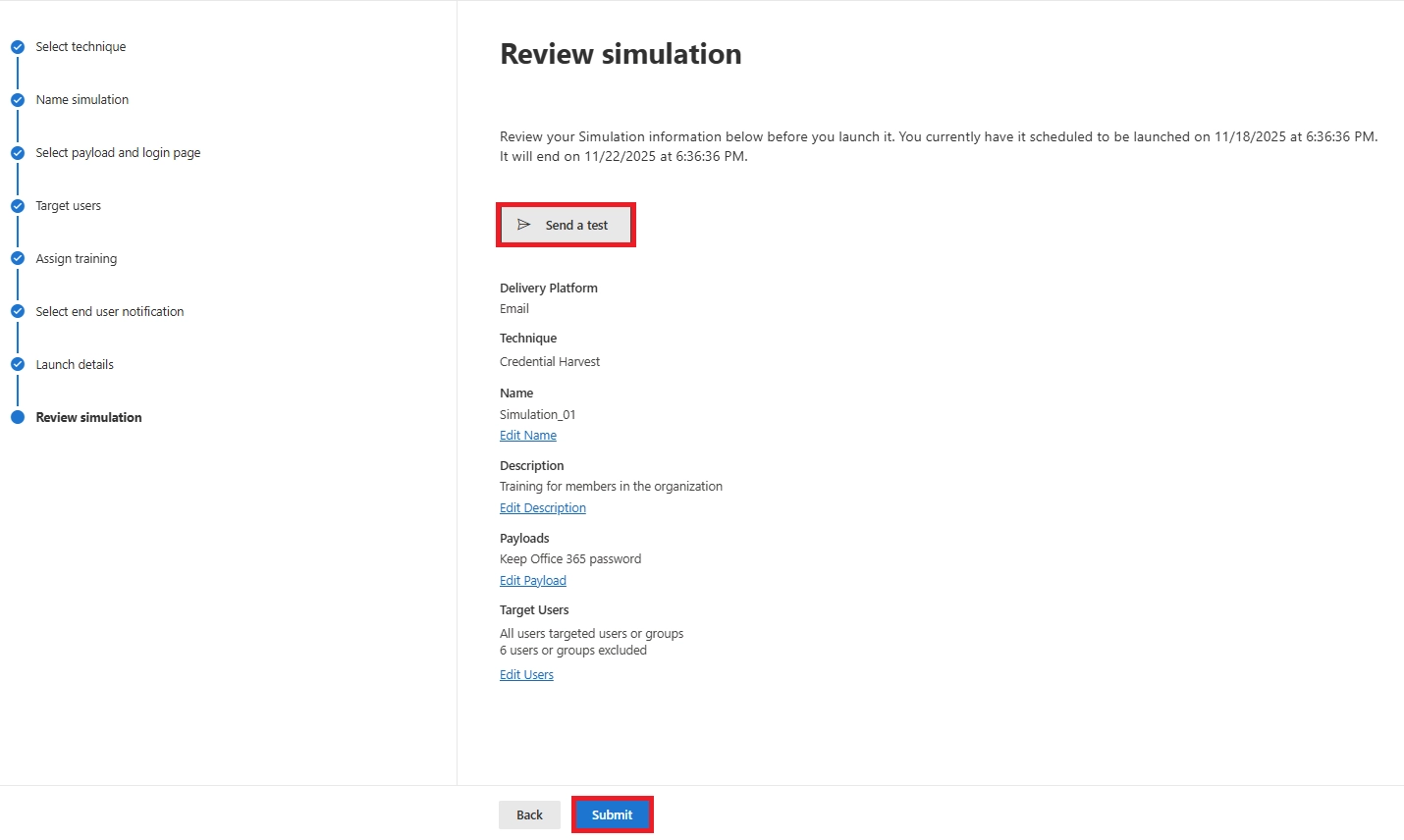 Review simulation page summarizing simulation details with Send a test option and Submit button highlighted.