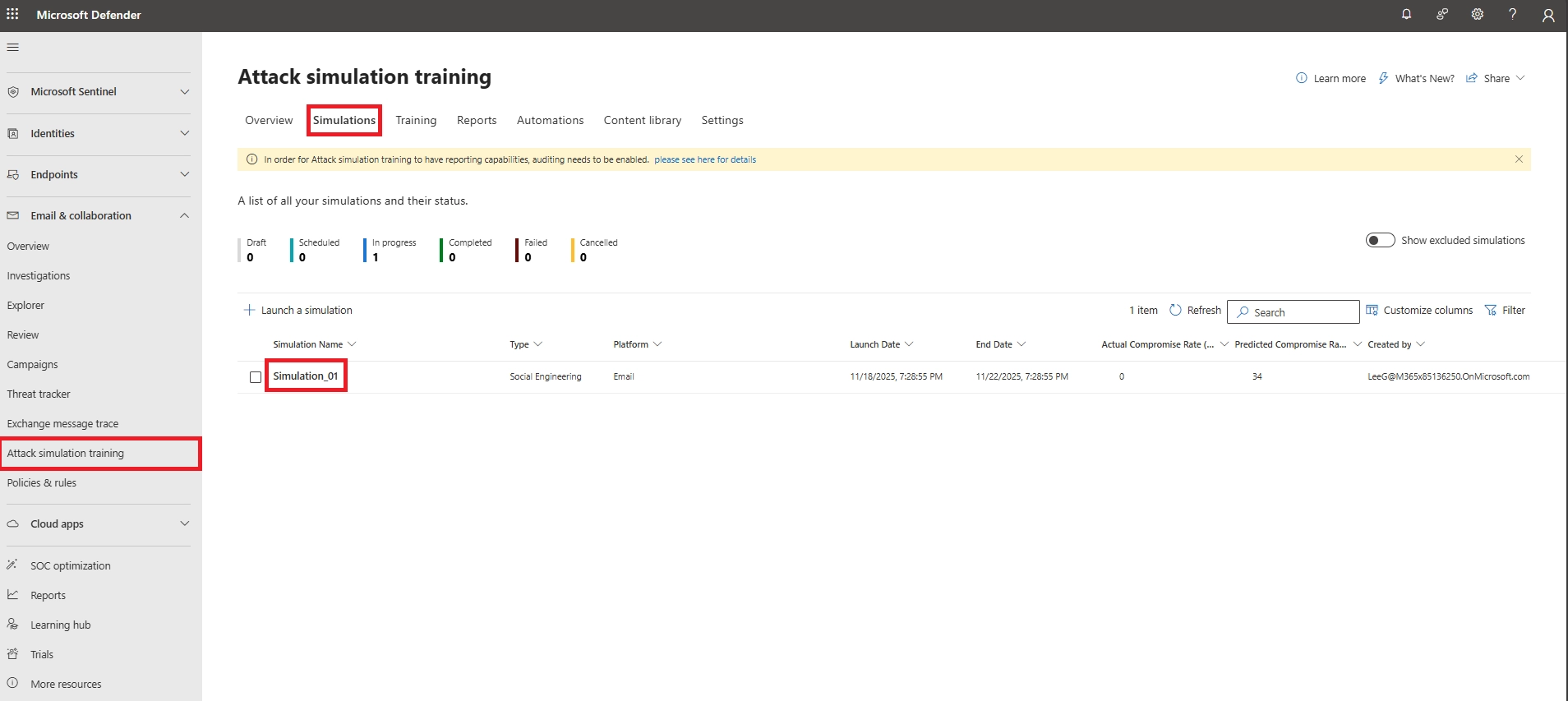 Attack simulation training screen displaying the Simulations tab along with a list of previously created simulations.