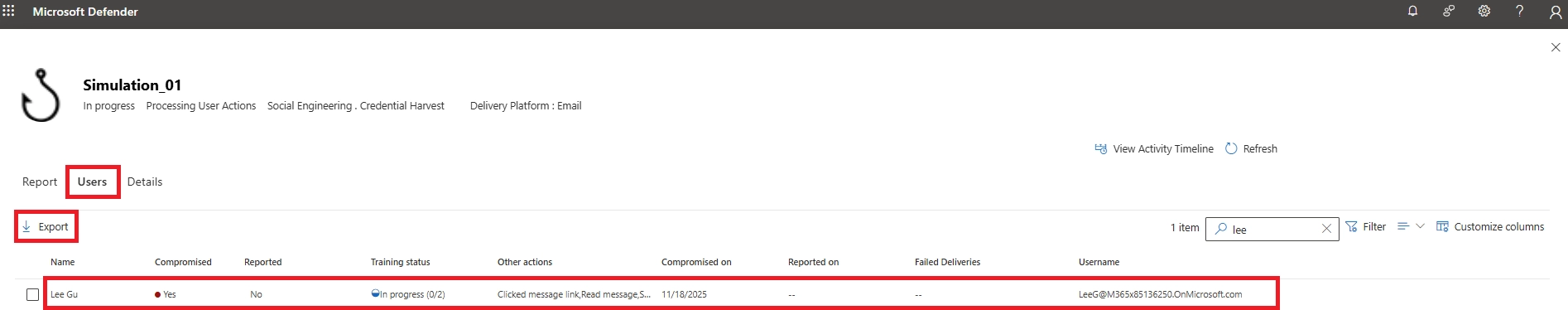 Users tab of a simulation showing user details, compromise status, training progress, and an export option.