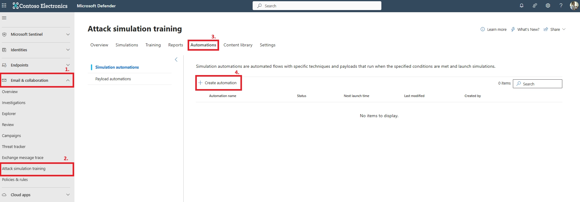 Microsoft Defender page for Attack simulation training with Automations tab highlighted.