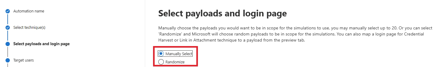 Select payloads and login page of Automated Attack Simulation with 2 options: Manually Select and Randomize.