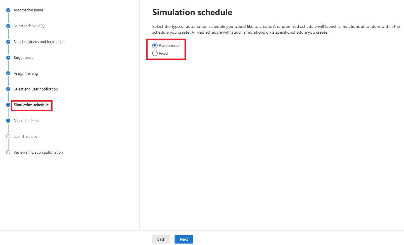 Simulation schedule window with two options: Randomized and Fixed.