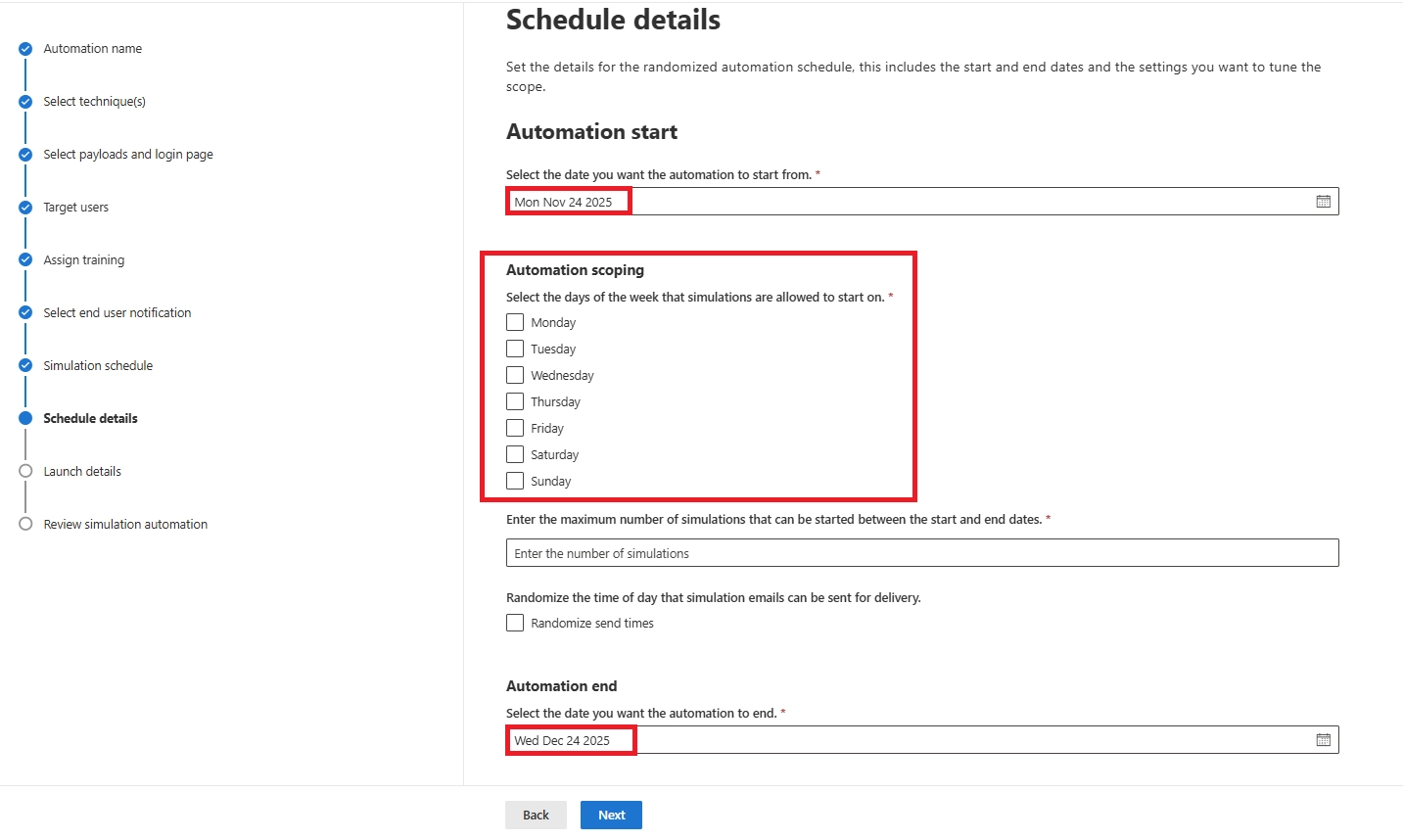 Schedule details page showing start date, end date and checkboxes for days of the week under Automation scoping.