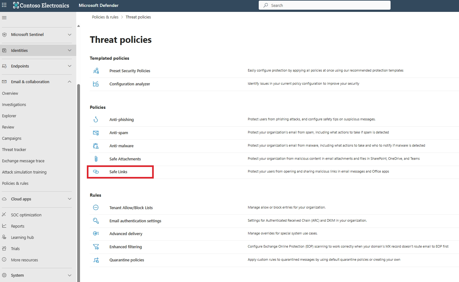 Threat policies list with Safe Links highlighted.