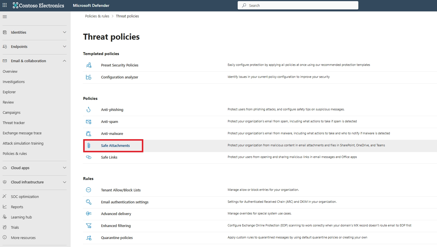 Threat policies page displaying Safe Attachments option under Policies section