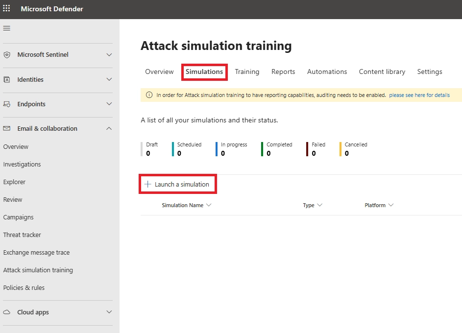 Attack simulation page with Launch simulation button highlighted
