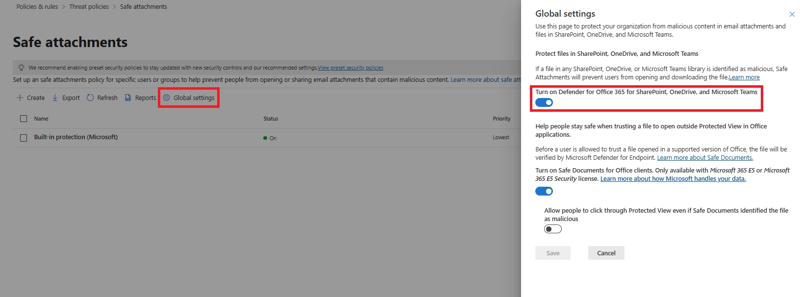 Safe Attachments global settings panel with toggle for Defender protection in SharePoint, OneDrive, and Teams