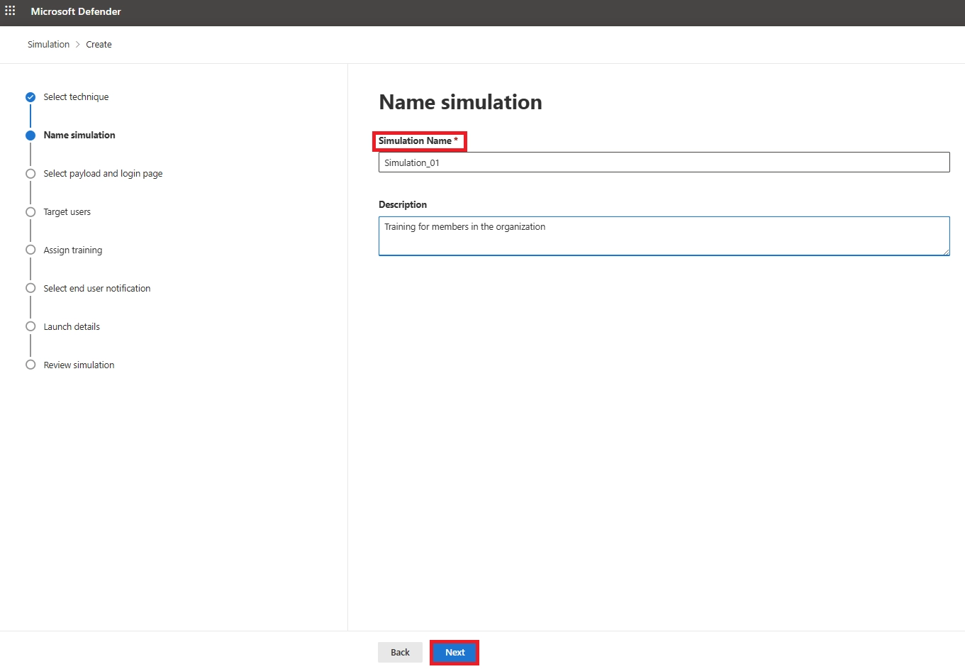Microsoft Defender page for naming a simulation with fields for Simulation Name and Description