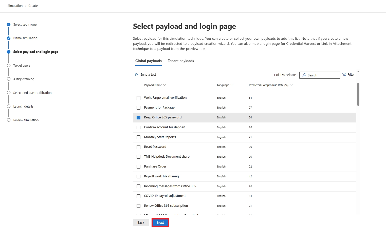 Microsoft Defender page to select payload and login page for a simulation, showing a list of phishing templates.