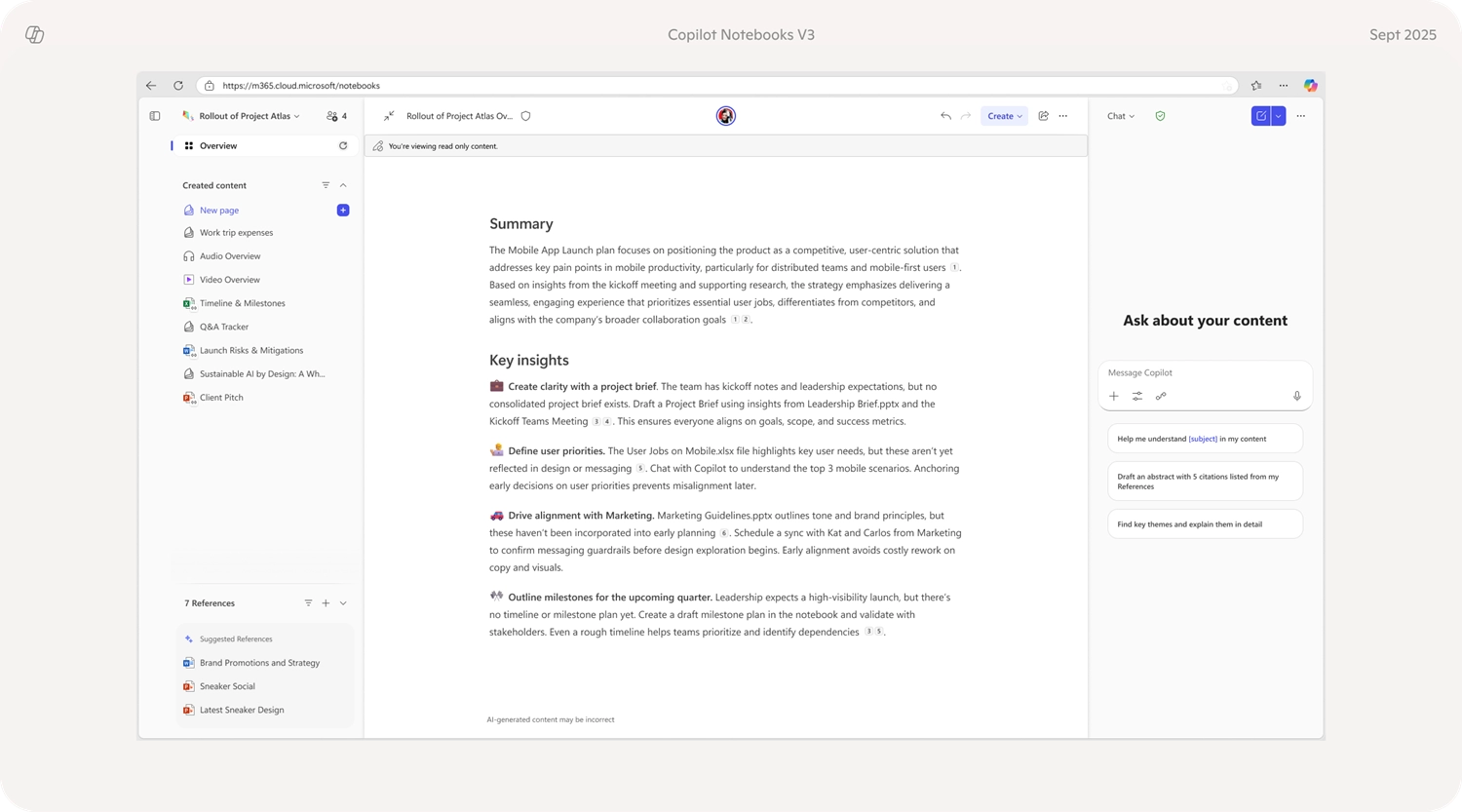 Summaries and insights landing page in Copilot Notebooks