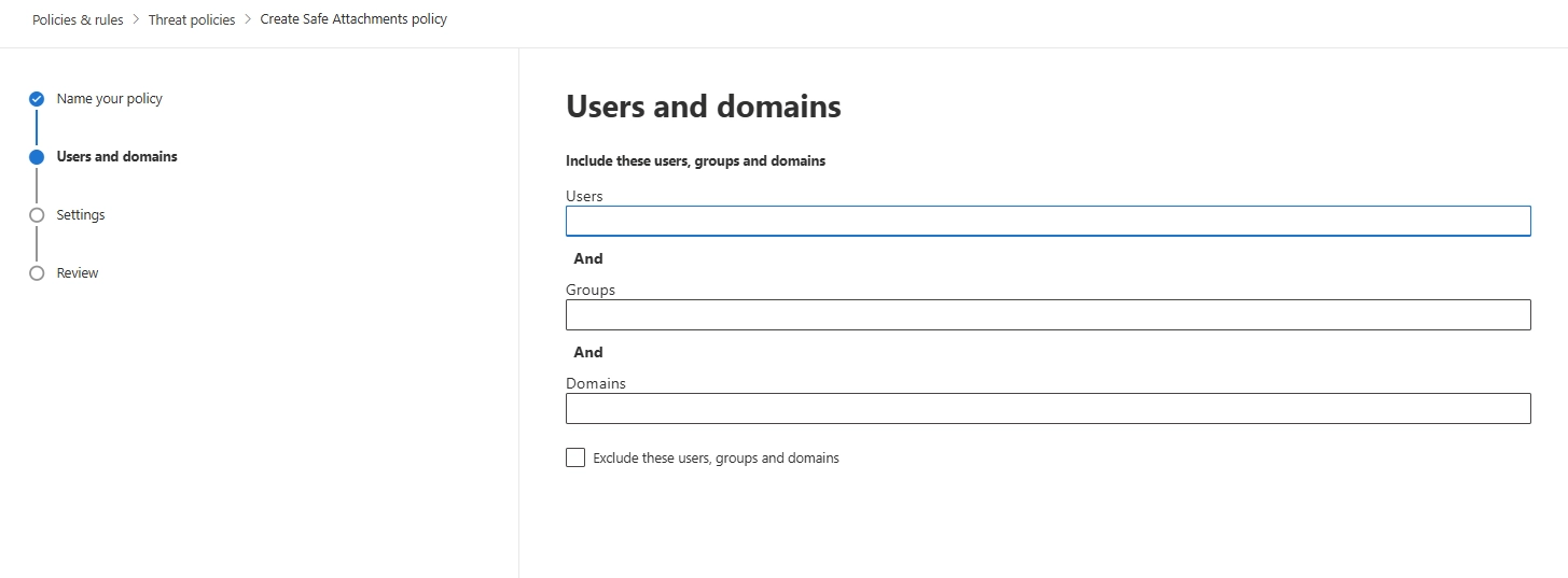 Screen to include or exclude users, groups, and domains for the policy.