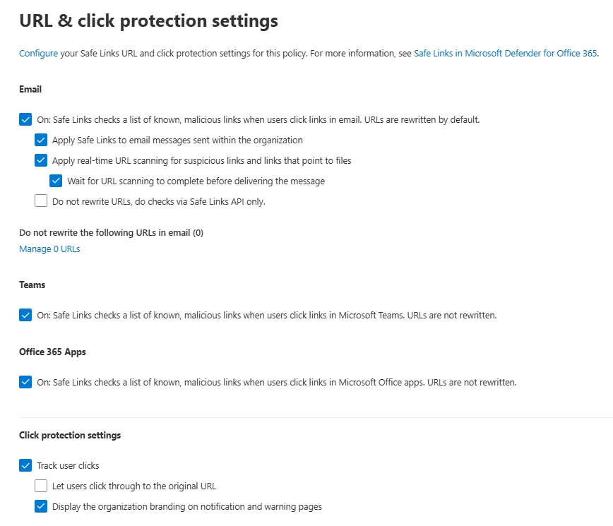 Safe Links settings page with options for Email, Teams, Office apps, and click protection
