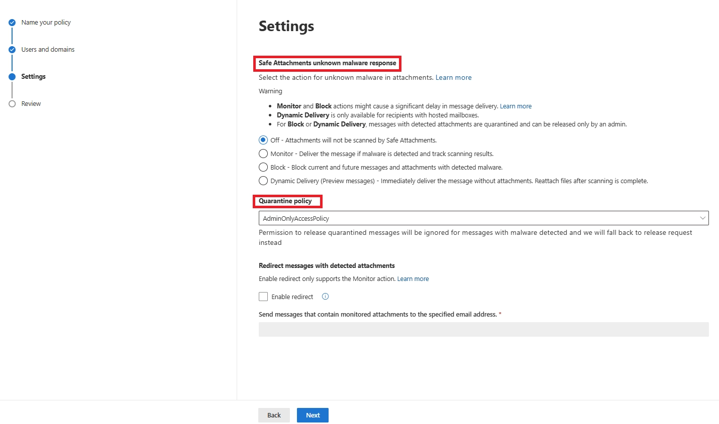 Safe Attachments settings screen with malware response options and quarantine policy dropdown