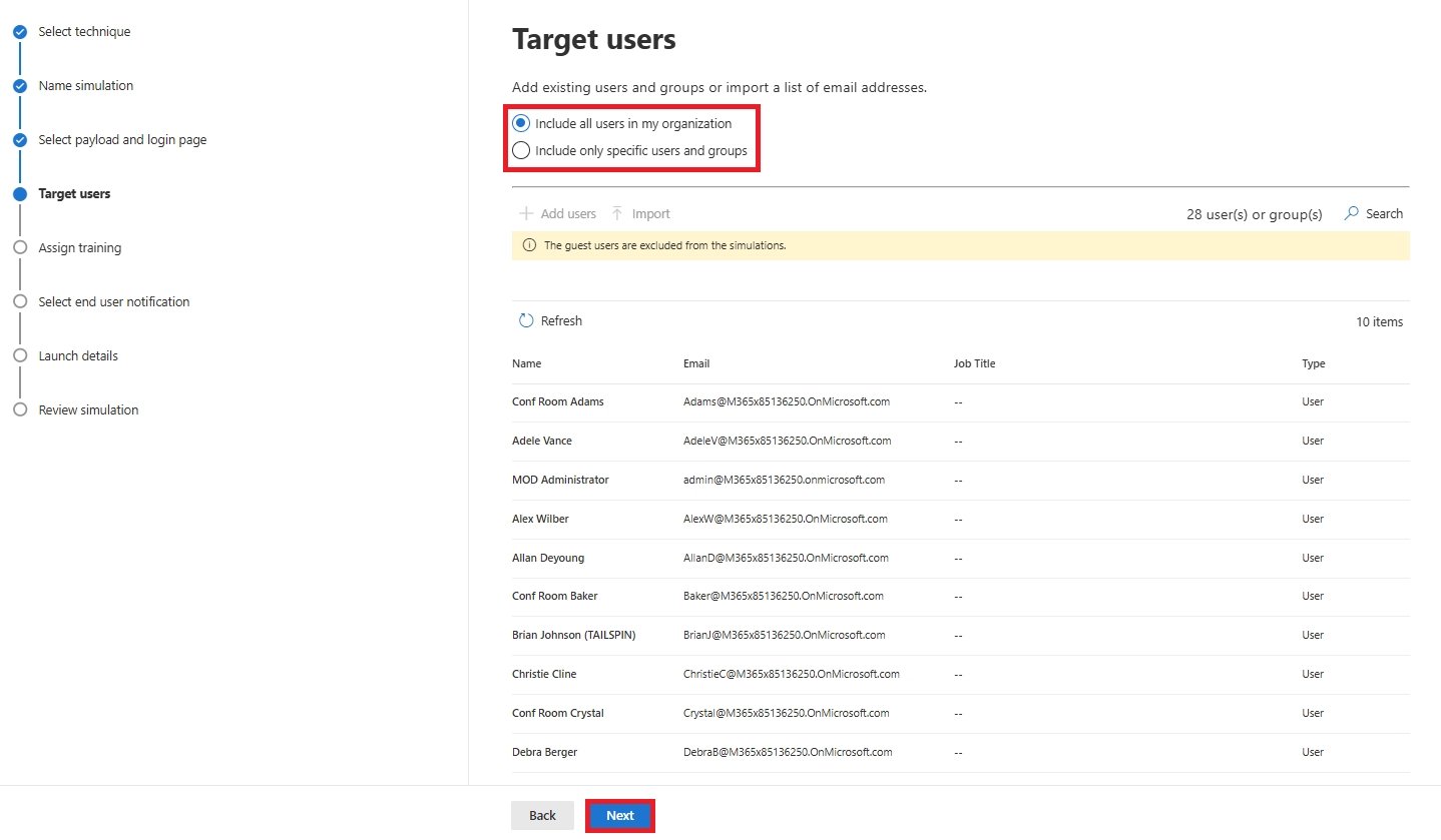 Microsoft Defender page to choose target users for a simulation, with options to include all users or specific groups.