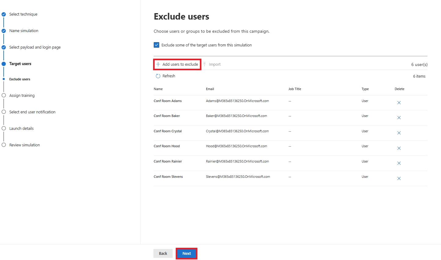 Exclude users page showing a list of users to exclude from the simulation.