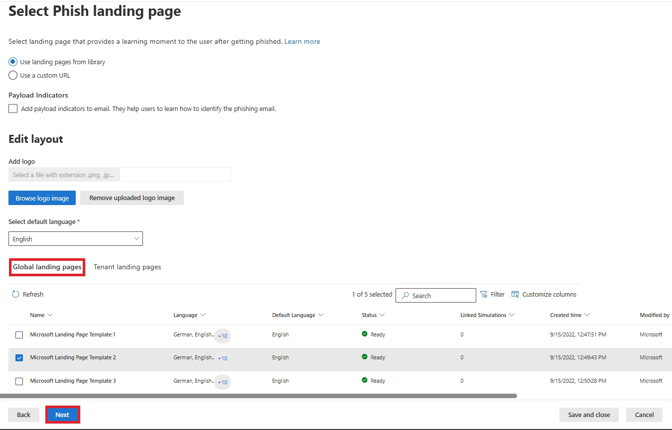 Select Phish landing page screen with options to choose landing page from the templates.