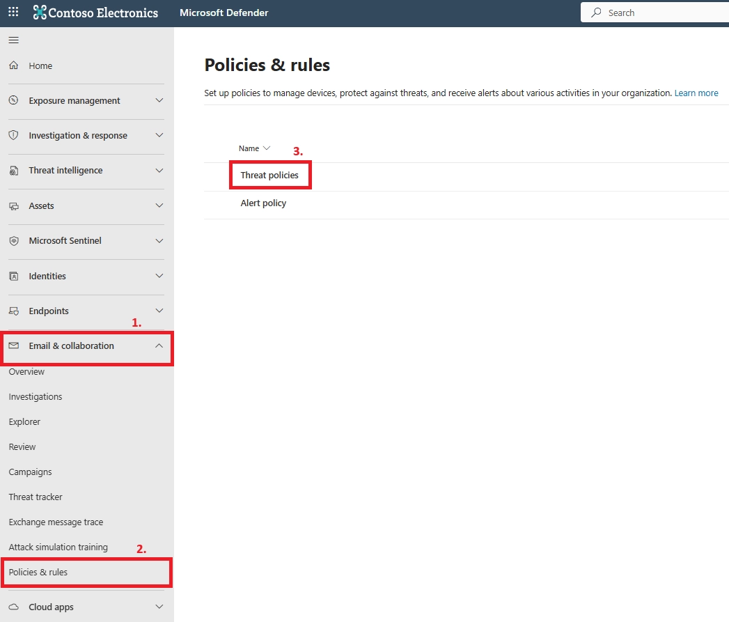 The Defender Portal showing navigation, Email & collaboration → Policies & rules to access Threat policies.