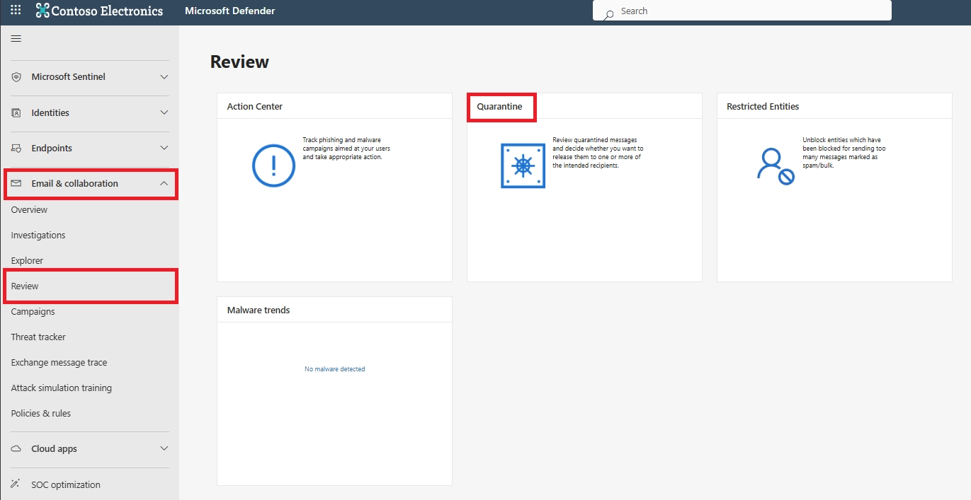 Microsoft Defender portal showing the Email & collaboration → Review → Quarantine section where phishing and impersonation emails blocked by anti-phishing policies are reviewed.