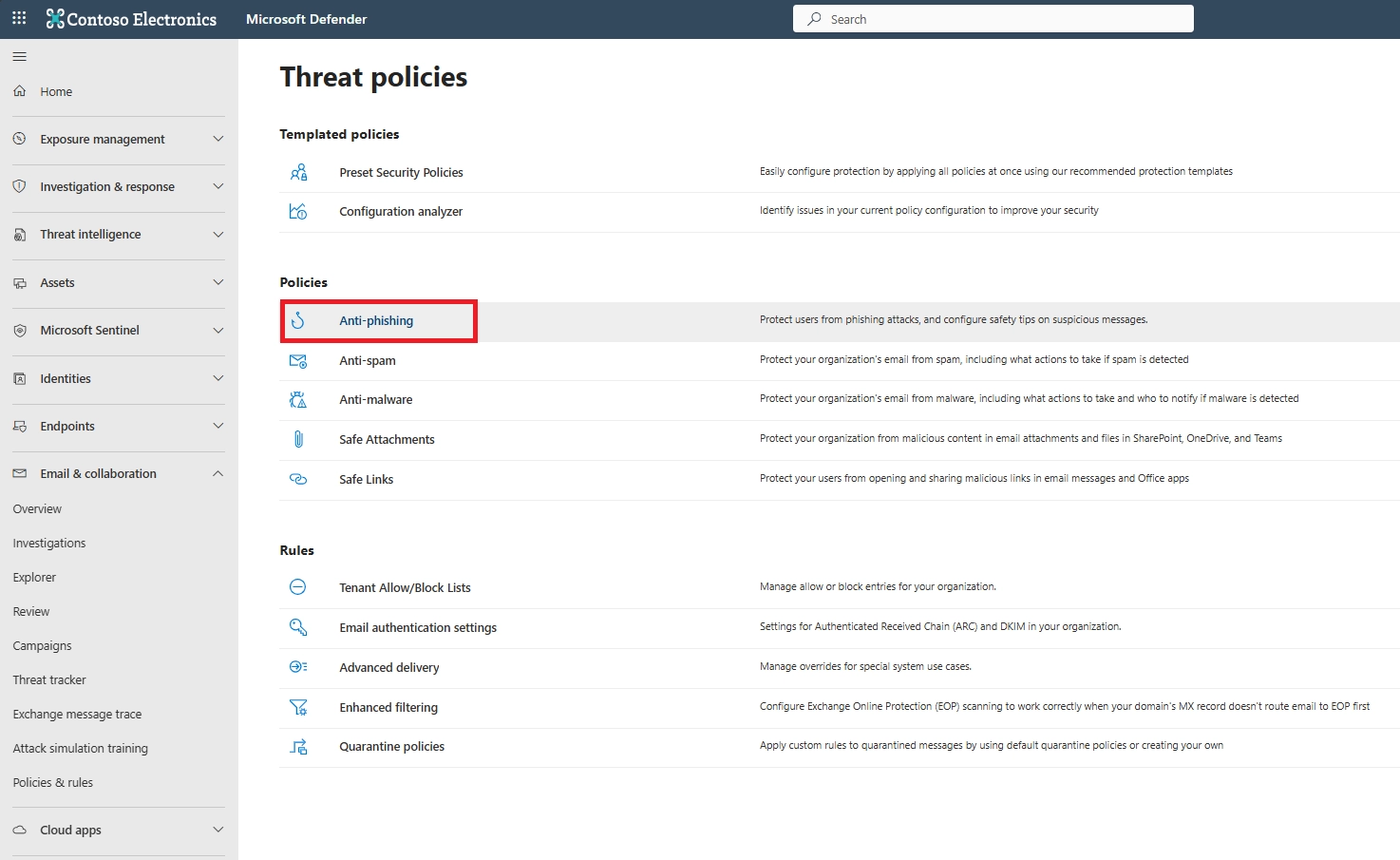 Viewing the list of Threat policies and selecting Anti‑phishing to configure protection.